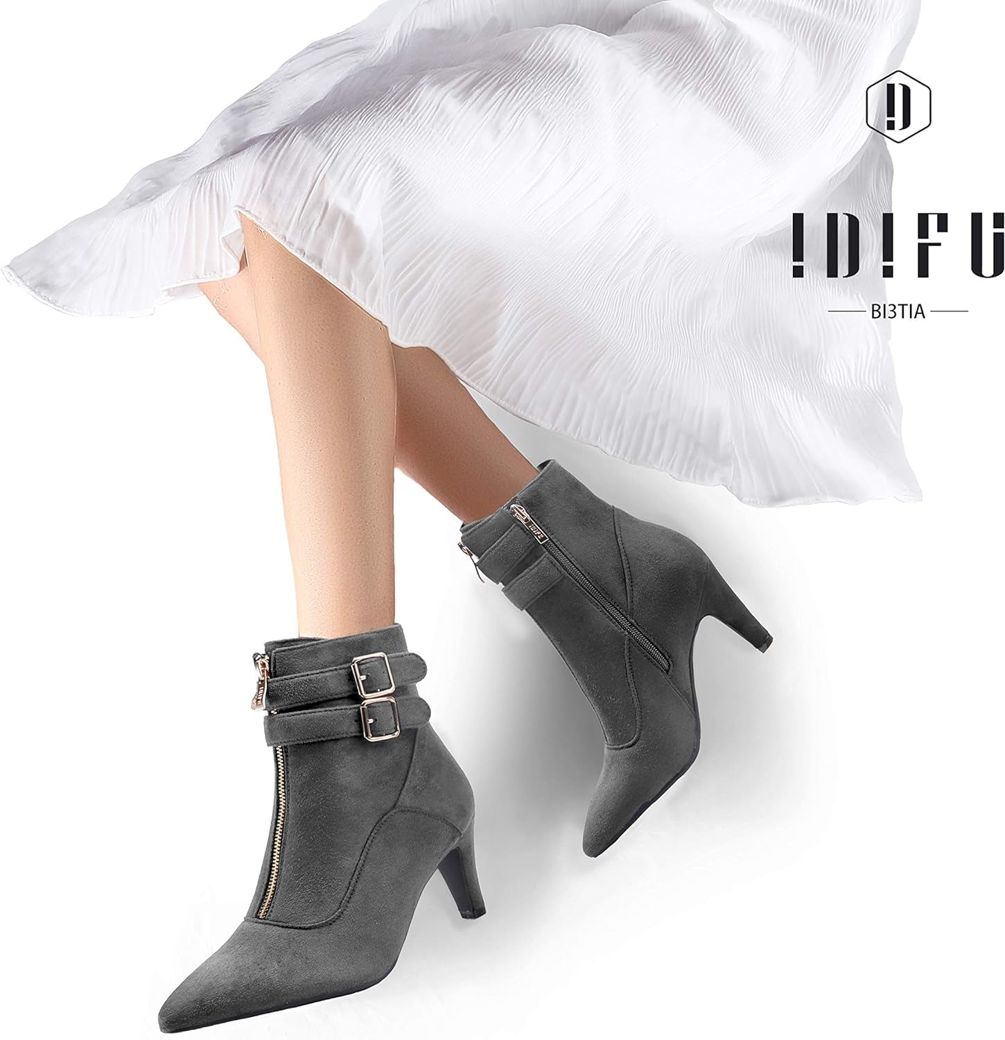 Women’s Pointed Toe Ankle Boots – 3-Inch Heels with Buckle Strap & Side Zipper