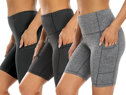 3 Pack High Waist Out Pocket Yoga Short 8"/5" Tummy Cvontrol Workout Shorts Running Athletic Non See-Through Active Shorts